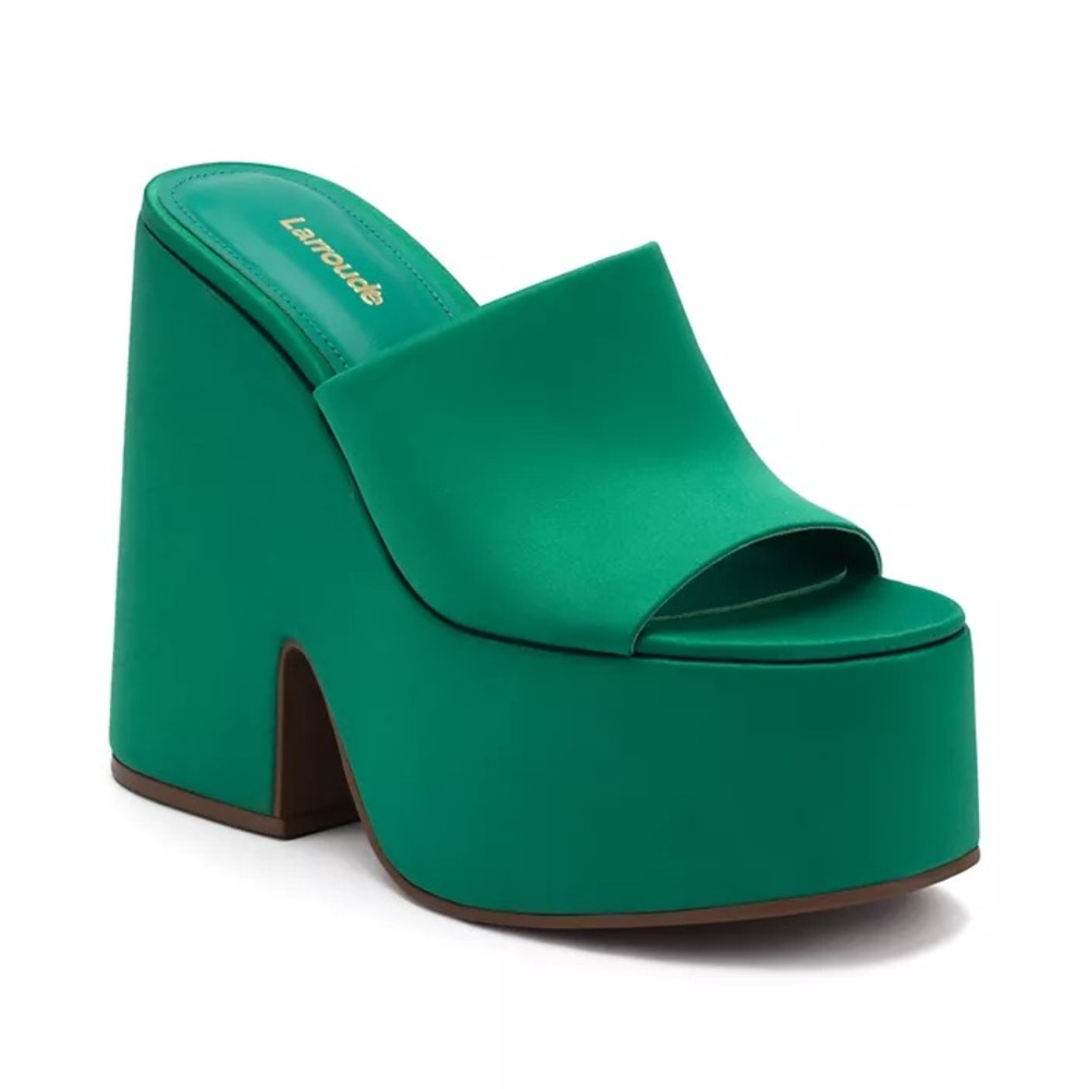 Larroude Green Satin Open Toe Wedge Platform Block Heels